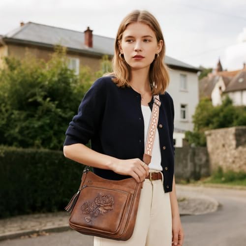Image of Medium Crossbody Bags for Women,Vegan Leather Hobo Purses Embossed | Women's Shoulder Handbags with Adjustable Boho Strap for Daily Travel Lightweight Cross body Purses with Multi Pockets