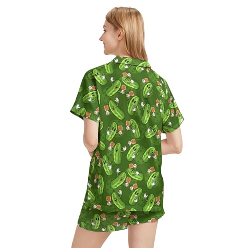 Image of Funny Pajamas for Women Set Print Satin Loungewear Pjs Short Sleeve Button Down Top and Shorts Sets Sleepwear XS-3XL