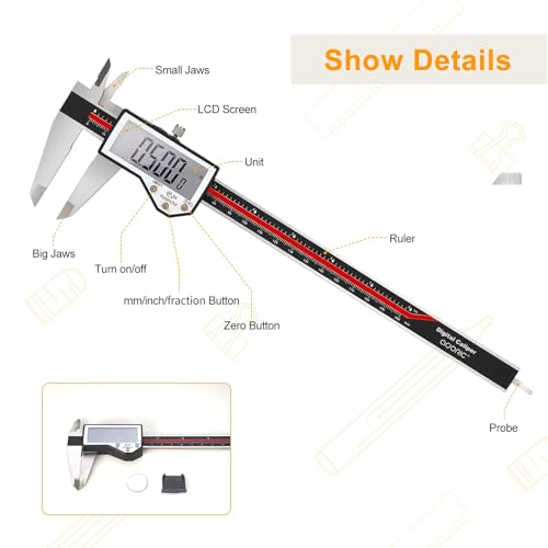 Image of Digital Caliper, 8 inch Caliper Measuring Tool Extreme Accuracy Waterproof Electronic Vernier Caliper Industrial Stainless Steel Digital, Durable Measuring Tool with Large LCD Screen
