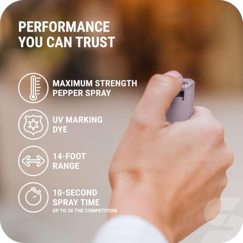 Image of Sabre Pepper Spray with Quick Release Keychain for Self Defense - Maximum Police Strength OC Spray with UV Marking Dye, Twist Lock Safety, Finger Grip, 10‑Second Spray, 14‑ft Range, Made in USA