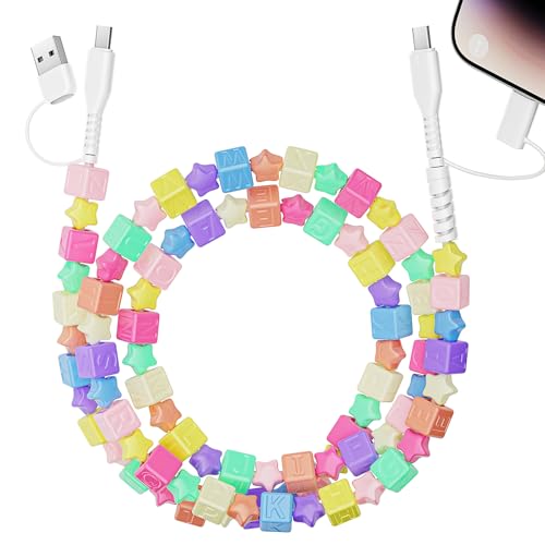 USB C Cable 4 in 1 Multi Charging Cable [MFi Certified] Colorful Square Stars Beaded Pearl iPhone Charger Cord with Alphabet USB C Multi Fast Charger Cable 3FT for iPhone 17 Air 16 15 14Pro Max Galaxy