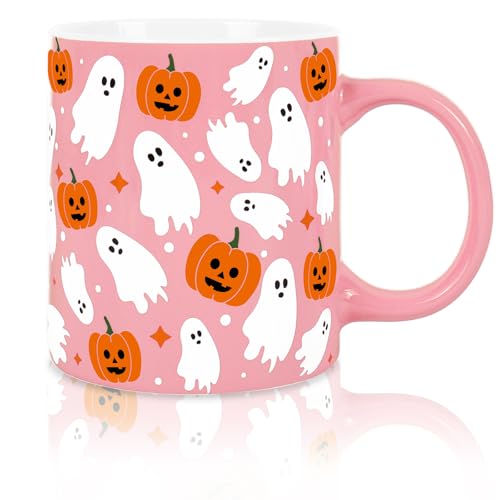 Whaline Halloween Mug Ghost Pumpkin Coffee Mug Pink White Orange Ceramic Drinking Cup for Halloween Party Supplies Table Centerpieces, 12oz