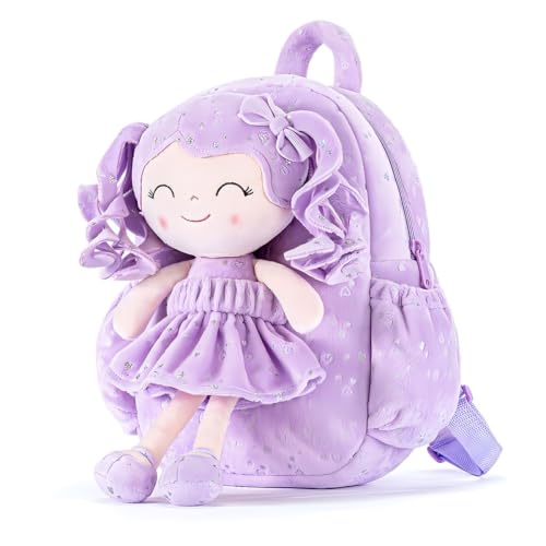 Gloveleya 11 Inches Toddler Backpack Baby Girl Gift Plush Bag Featuring Curly-Haired Doll Design with Silver Heart Accents in Soft Purple