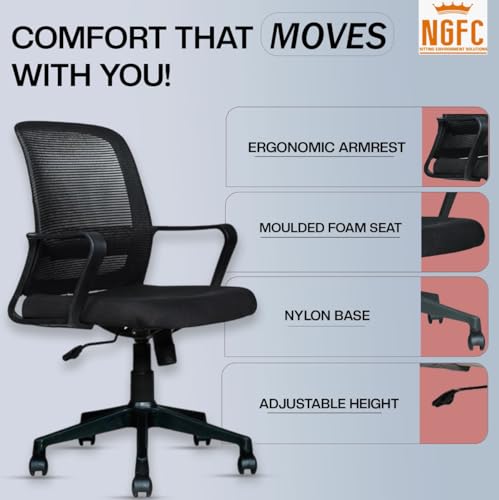 Image of NGFC Mesh Mid Back Ergonomic Work from Home Office Desk Chair, Study Chair, Revolving Chair, Computer Chair, Ergonomic Lumbar Support, Tilt Lock Mechanism (2, Black)