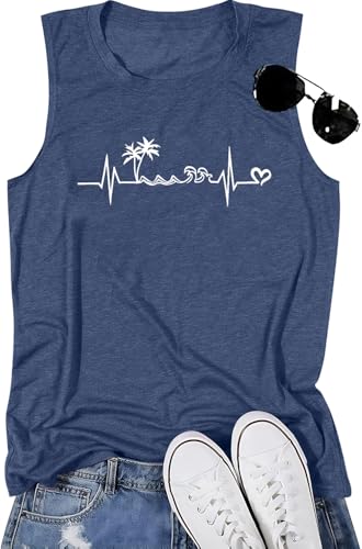 ALLTB Beach Tank Tops Women Beach Waves Sleeveless Shirt Hawaiian Ocean Vest Heartbeat Tank Summer Family Vacation Tanks