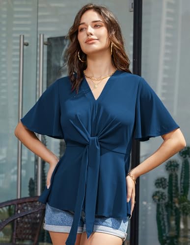 Image of GRACE KARIN Women's Elegant V-Neck Tie Waist Flowy Peplum Shirt Tops