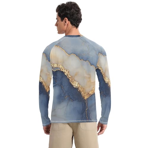 Marble Navy Blue Beige Sun Protection SPF Rash Guard Shirt Comfortable Round Neck Men's Sun Protection Long Sleeve Summer2