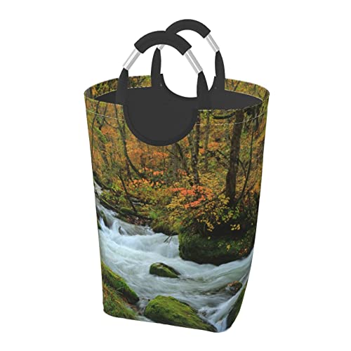 秋の奥入瀬渓流 ランドリーバスケット ランドリーかご 洗濯ボックス 収納ボックス 収納バッグ 袋 おしゃれなインテリア雑貨 防水取っ手付き 折りたたみ 大容量 幅32×高さ58(cm)