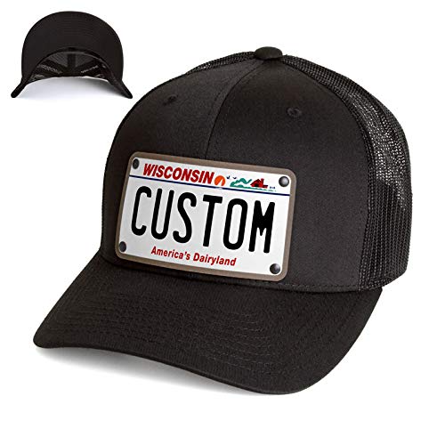 Custom Wisconsin License Plate Snapback Trucker Hat Printed on Leather Patch. Wisconsin