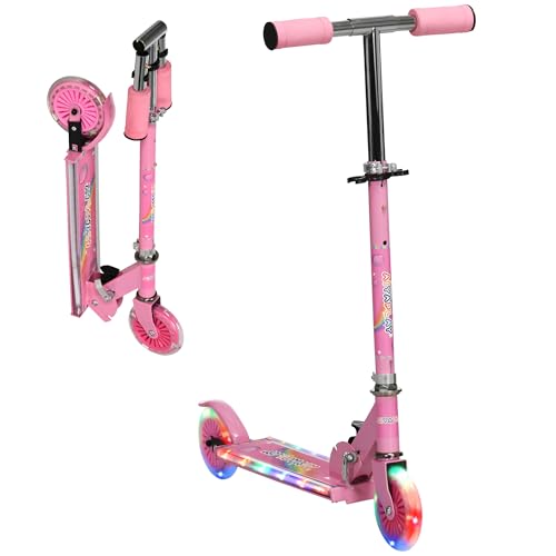 HOMCOM Patinete para Niños de 2 Ruedas, Patinete Infantil Plegable con Música 4 Altura Ajustable 65-78 cm Ruedas con Luces LED para 3-7 Años Carga 50 kg Rosa