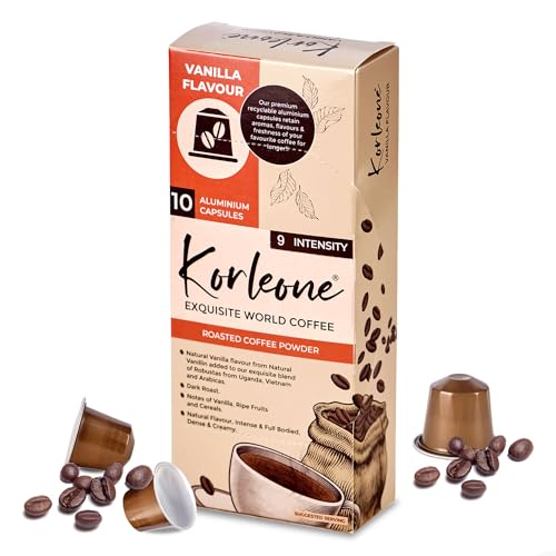 Image of KORLEONE EXQUISITE WORLD COFFEE Aluminium Coffee Capsules Compatible With Nespresso Intensity 9 Dark Rost Level Rich In Flavor For Brewing A Perfect Coffee Cup In Seconds (Vanilla), 50 Gm