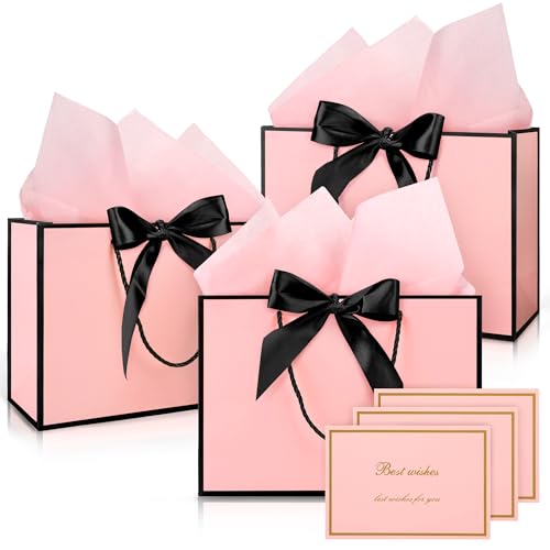 Vivantia Medium Gift Bags Set 3 Pack Pink Paper Gift Bag with Black Edge Greeting Cards Ribbons Tissue Papers Present Bags with Handles for Gift Wrapping Birthday Wedding Baby Shower