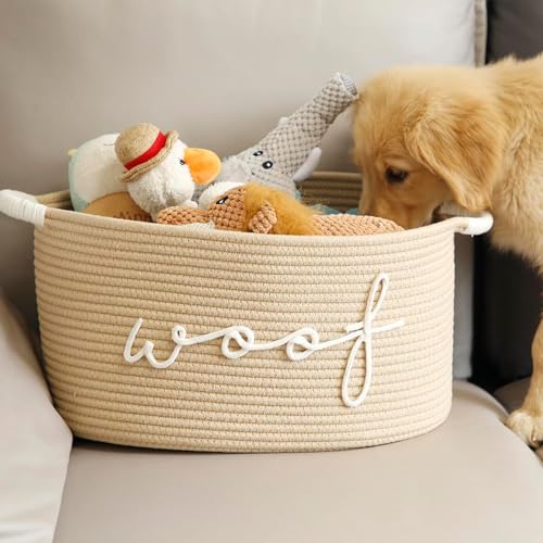 CharmBurst Geflochtener Hundespielzeugkorb, Aufbewahrungsbox Für Welpen Zubehör, Robuste Griffe, Runder Spielzeugkorb Für Hunde, Decken Und Haustierzubehör (Khaki)