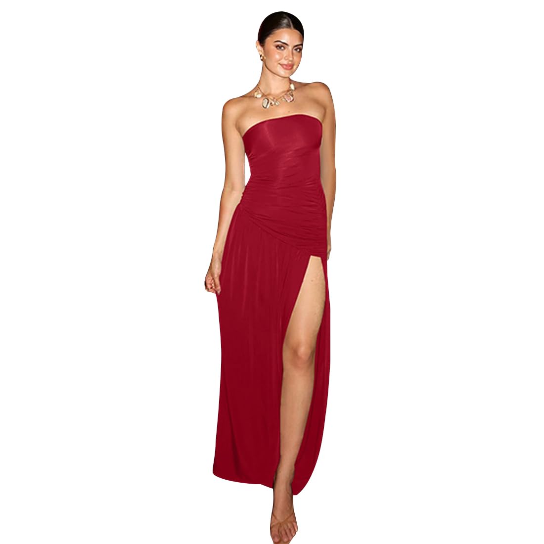 AOWVUTS Women Evening Party Dress Sexy Ladies Elegant High Slit Maxi Dresses Bandeau Strapless Long Dresses Solid Tube Dress Sleeveless Ruched Bodycon Gowns Dresses for Cocktail Club Wedding Prom Red