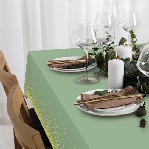 Image of 6 Pack Sage Green and Gold Plastic Tablecloth, Green Disposable Table Cloth for Rectangle Tables, Gold Stamping Dot Light Green Tablecloth for Baby Shower Birthday Wedding Party Decorations, 54 inchx108 inch