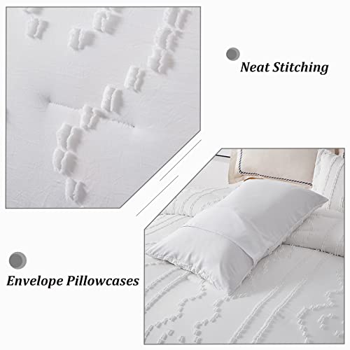 Luxudecor White Tufted Comforter Set King Size Boho Textured Comforter Shabby Chic Embroidery Bedding Set 3 Pieces Ultra Soft Comforter For All Seasons (White, 104''X90'') #TOP4