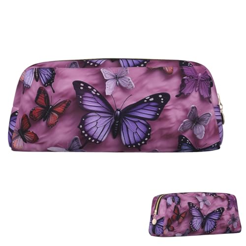 WLKSNBVD Leather Pencil Case Large Capacity Pencil Pouch Aesthetic Pen Pouch Organizer with Zipper Portable Big All butterflies are on purple background Pen Bag for Women Men Makeup Brush Bag Travel