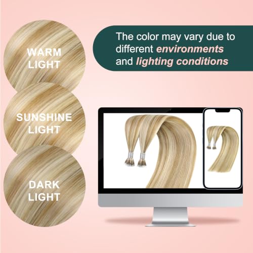 Image of Easyouth 20 Inch Nano Extensions Real Human Hair Highlight Nano Bead Hair Extensions Human Hair Honey Blonde Highlight Blonde Nano Ring Hair Extension Add Length 50g 50s