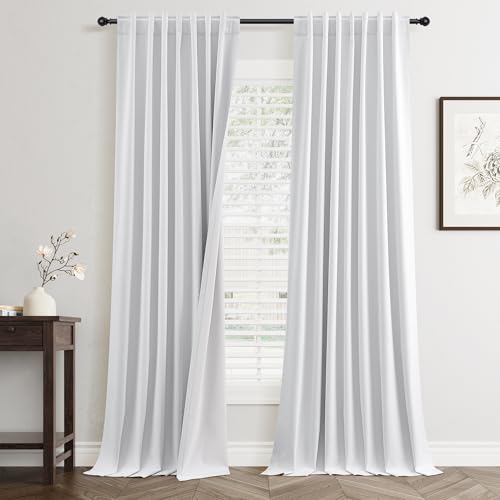 Jowels White Linen Blackout Curtains 102 Inches Long for Bedroom Windows