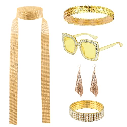 TUONYIS 6 Stück 70er 80er Jahre Disco Zubehör Accessoires Disco Outfit Damen, Glitzer Pailletten Schal, Sonnenbrille Ohrringe Armband und Stirnband, für Fasching Karneval Kostüm Party (Gold) TUONYIS 6 Stück 70er 80er Jahre Disco Zubehör Accessoires Disco Outfit Damen, Glitzer Pailletten Schal, Sonnenbrille Ohrringe Armband und Stirnband, für Fasching Karneval Kostüm Party (Gold)