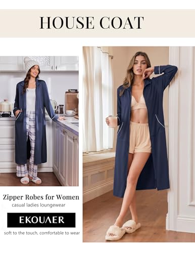 Image of Ekouaer Zipper Robes for Women Long Sleeve Lightweight House Coats with Pockets Zip Up Bathrobe Loungewear S-3XL
