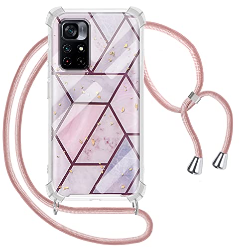 Funda con Cuerda para Xiaomi Redmi Note 11S 5G   Xiaomi Poco M4 Pro 5G 6,6 Pulgadas, Carcasa Mármol Ultrafina Rígida PC con Correa Colgante Ajustable Collar Correa de Cuello Cadena Cordón, Oro Rosa