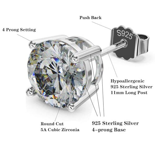 925 Sterling Silver Cubic Zirconia Studs Earrings for Women Men - Hypoallergenic 14K White Gold Plated 5/6/7/8mm Clear Round Cut CZ Studs Earrings2