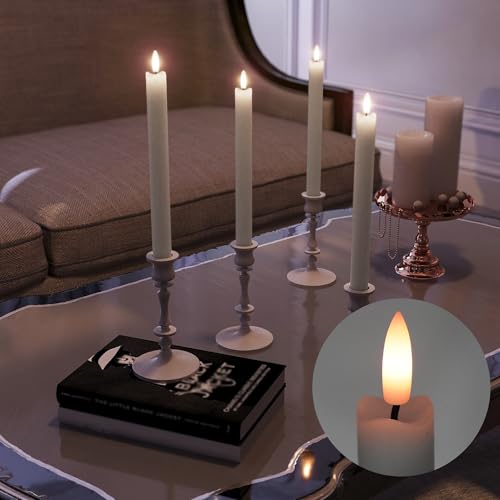 Image of Rechargeable Flameless Taper Candles with Remote, Charging Base, 6 Pcs | 0.78x9.6 inch white wax LED tapers, 3D flicker, 2.5-hour USB-C charge, up to 160-hour runtime for Home Wedding Christmas Decor