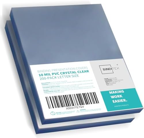 Binditek 200 Pack 10 Mil PVC Binding Presentation Covers, Clear Binding Front Covers, 8-1/2 x 11 Inches Report Cover for Binding, Letter Size, Square Corners, Un-Punched, Office Supplies