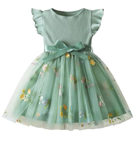 JiAmy Mädchen Tüllkleid mit Blumenstickerei Rippstrick Oberteil...