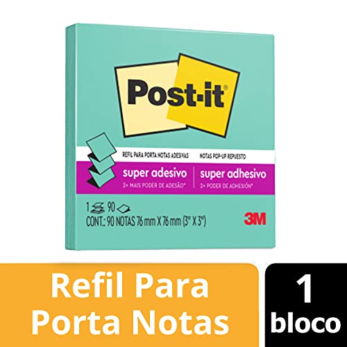 Post-it, 3M, Bloco de Notas Super Adesivas, Refil, Azul Aqua, 76mm x 76mm, 90 folhas