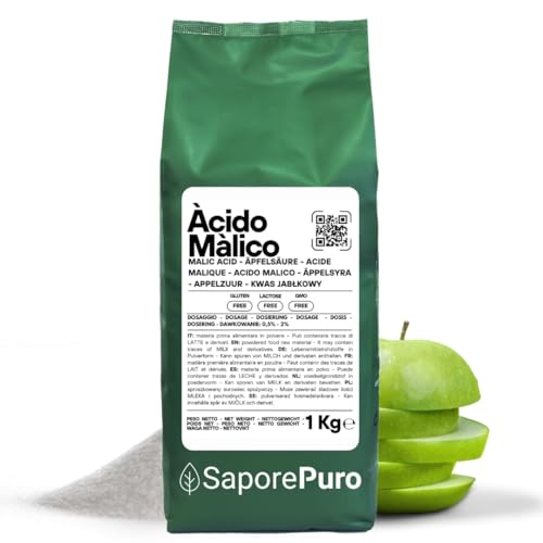 SaporePuro Ácido Málico en Polvo 1 kg | Alta Solubilidad y Sabor Ácido | Ideal para Bebidas, Postres y Suplementos | Calidad Alimentaria | Sin Gluten