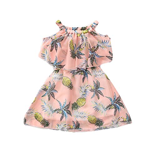 Girls Short Sleeve Dresses Loose Casual Elastic Waist Dress Summer Holiday Dress A Line Swing Skater Dress (Pink, 6-8 Years)