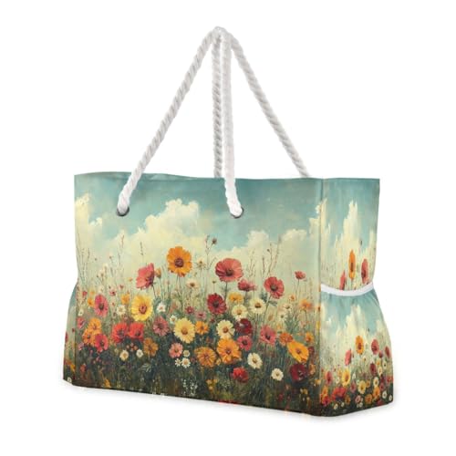 ATTX Wild Flowers Oil Painting Beach Bags for Women - Large Beach Bags with Zipper Waterproof Sandproof Swim Pool Bag Large Tote#377