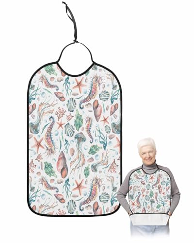 LEOKOTI Coastal Nautical Adult Bibs for Eating, Waterproof Bibs with Food Catcher & Adjustable Snap Closure, Summer Beach Starfish Ocean Coral Washable Clothing Protectors Adult Bibs for Elderly