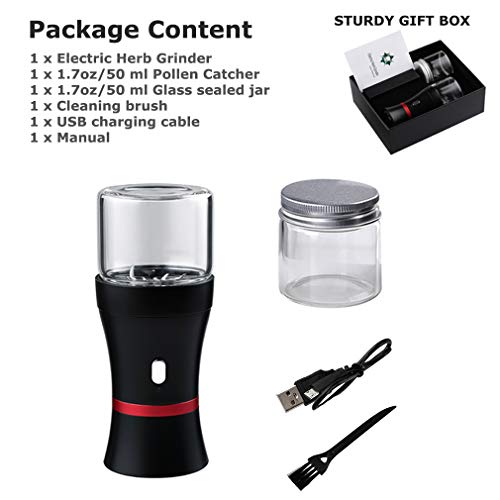 Sunseeke Electric Herb Grinder Built-In Battery, 2Pcs 1.7Oz Glass Herb Chamber Mini- Portable Black #TOP5
