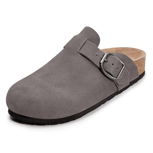 Image of FITORY Womens Clogs Slip-on Potato Shoes Leather Mules Suede Cork Footbed | Comfortable Adjustable Buckles Non-Slip Outsole Casual for Fall Outdoor Walking