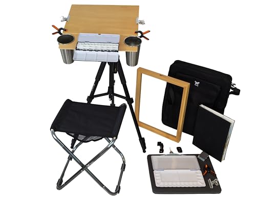 PLEINLY Portable Watercolor Easel Set - Plein Air Painting & Drawing Easel with Wet Panel Carrier, T-5 Tripod, Stool, Shoulder Bag, 100% Cotton Sketchbook, Board, 9 Clips, 2 Palettes