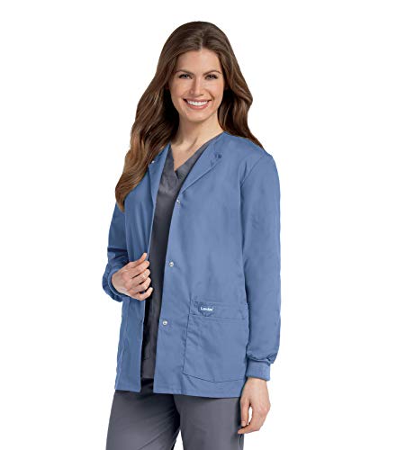 Landau Women's Premium Snap-Front 4-Pocket Crew Neck Warm-Up Scrub Jacket, Ceil Blue, Small