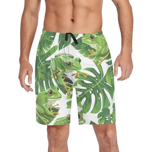 Frog and Leaf Print Pajama Bottom Shorts for Men Soft Casual Sleep Lounge Shorts with Pockets S-XXL