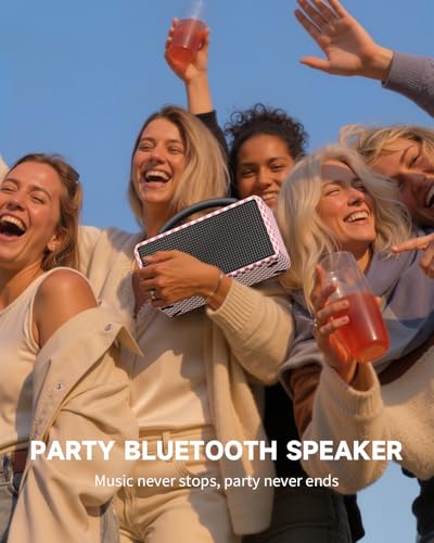 Image of DINDIN Portable Bluetooth Speaker: 80W (Peak), 20H Playtime, Wireless Big Wood Boombox with Deep Bass, Subwoofer, TWS, Large, Loud Speaker for Party, Outdoor, Backyard, Beach, Home,Gift(Pink+White)