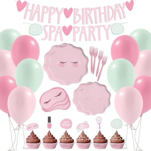 Modern Whimsy Spa Party Decorations - 68 Pc Complete Kit, Serves 12 - 2 Banners, 12 Balloons, Plates, Napkins, Forks & Cupcake Toppers - Spa Birthday Decorations for Girls, Sleepover & Slumber Party