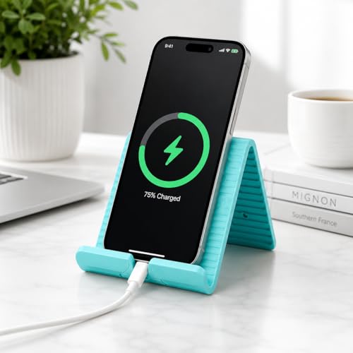 Image of Questsole Foldable Silicone Mobile Stand for Phone & Tablet, Portable Flexible Mobile Holder, Adjustable Desk Stand, Compatible with Smartphones, iPhone, Android, iPad (Aqua)