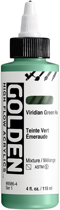 GOLDEN High Flow Acrylics, Viridian Green Hue, 4 fl. oz. Bottle, Professional Acrylic Paint, Semi-Transparent