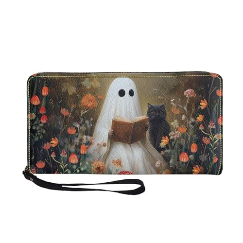 Tuoxiukan Floral Ghost RFID Blocking Wristlet Wallet for Women Slim PU Leather Clutch Purse with Zipper Small Credit Card Holder Travel Wallet for Ladies Halloween Gifts for Mom Sister