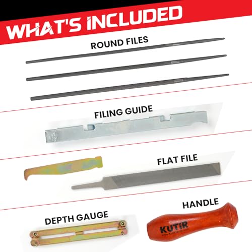 KUTIR Chainsaw Sharpener File Kit – 10 Pcs Chainsaw Sharpening Tool Set with 5/32\", 3/16\", 7/32\" Round Files, 6\" Flat File, Handle, Filing Guide, Quick Check Gauge, Bar Groove Cleaner & Travel Pouch