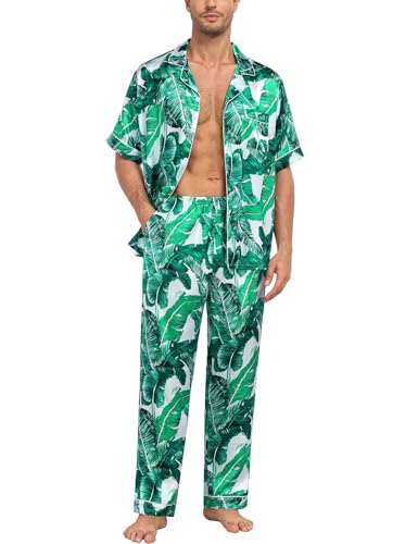Image of SWOMOG Mens Satin Pajama Set Short Sleeve Classic Sleepwear Button Down Silky Loungewear with Long Pants