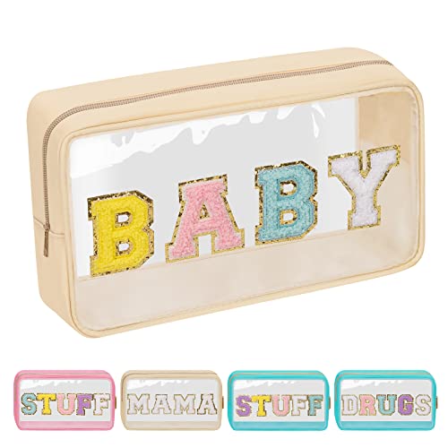 Image of Iqimott Clear Patch Makeup Bag Baby Pouch, Preppy Personalized Chenille Letter Cosmetic Pouch for Travel, Nylon Waterproof Travel Essentials Zipper Toiletry Bags for Women Girls(BABY, Beige)