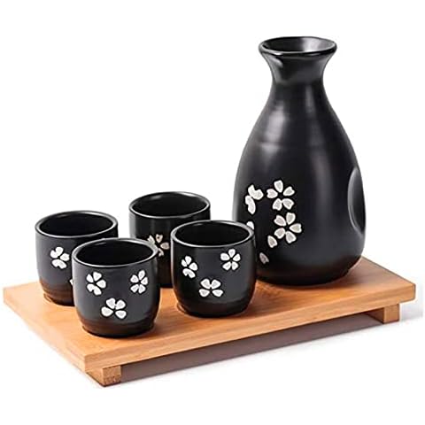 NEWQZ Japanese Sake Set Traditional Cherry Blossom 1 Bottle and 4 Cups with Bamboo Tray Sake Serving Set, Black Cover
