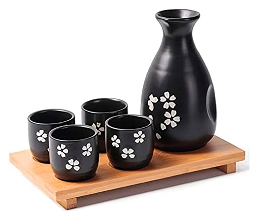 Newqz Japanese Sake Set Traditional Cherry Blossom 1 Bottle And 4 Cups With Bamboo Tray Sake Serving Set, Black #TOP25
